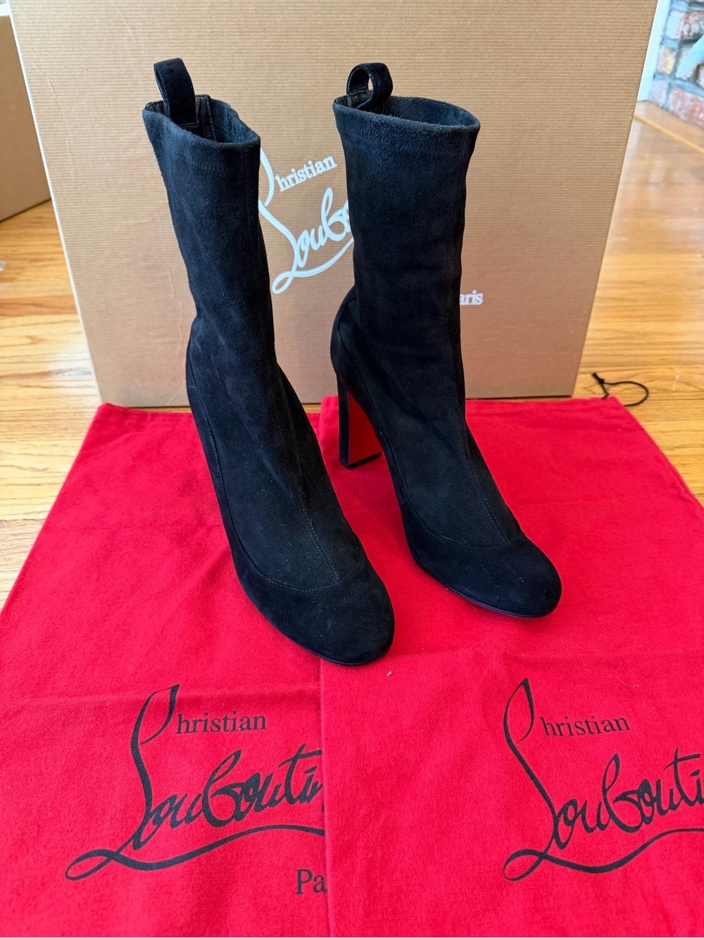 Christian Louboutin Gena Bootie 85 Black Suede Stretch Sock Boots 39.5